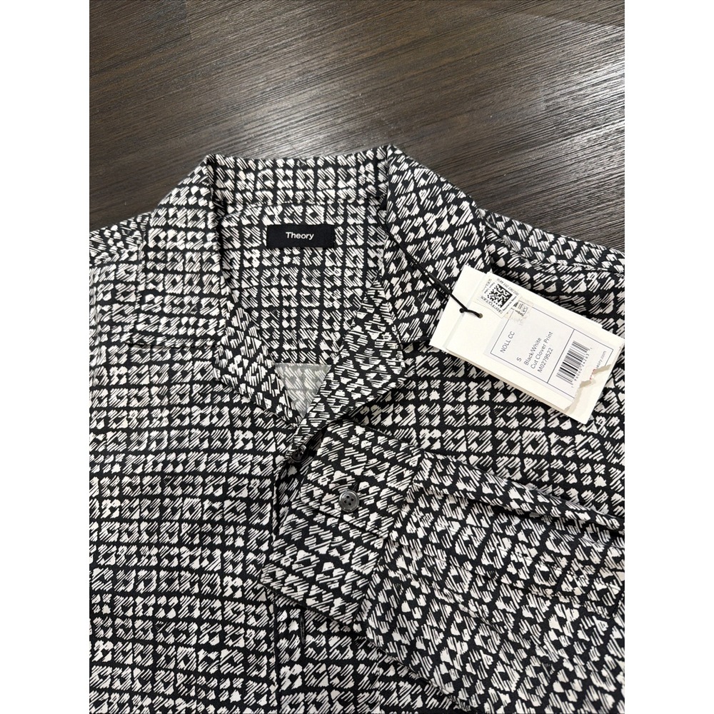 Theory Men's Small Shirt Black White Cut Clover Print Noll SS Lyocell Button Up